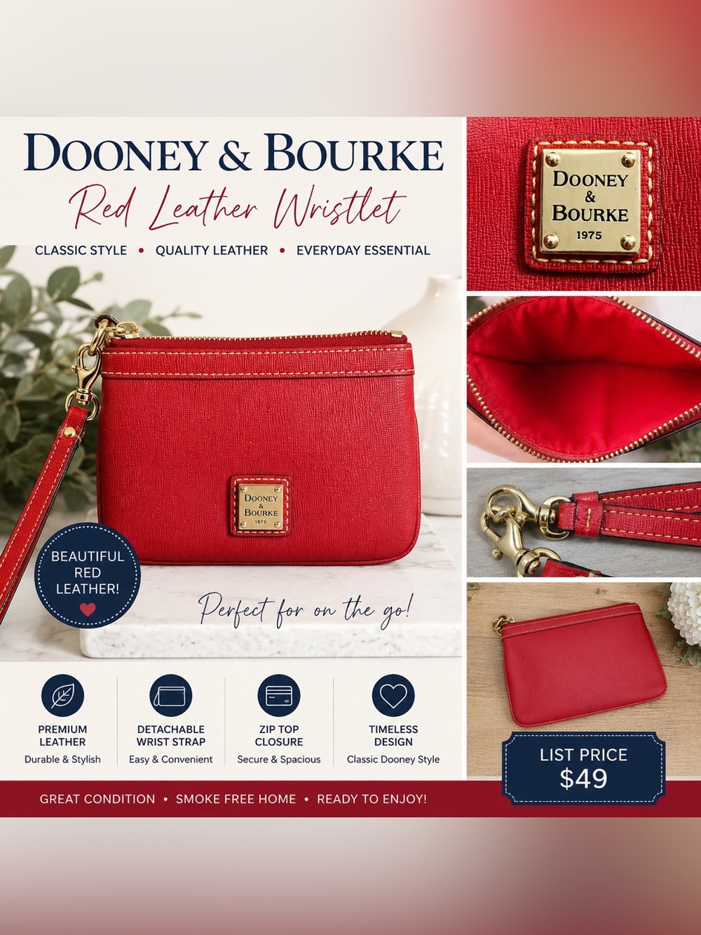 Dooney & Bourke Red Leather Wristlet Clutch Gold Hardware 1975 Logo